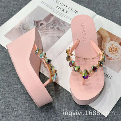 Flip Flops Women New High Heeled Slippers Women Diamond Slope Heel Slippers Elegant Fashion Beach Sandals Womens Sexy Shoes Good Vibrations