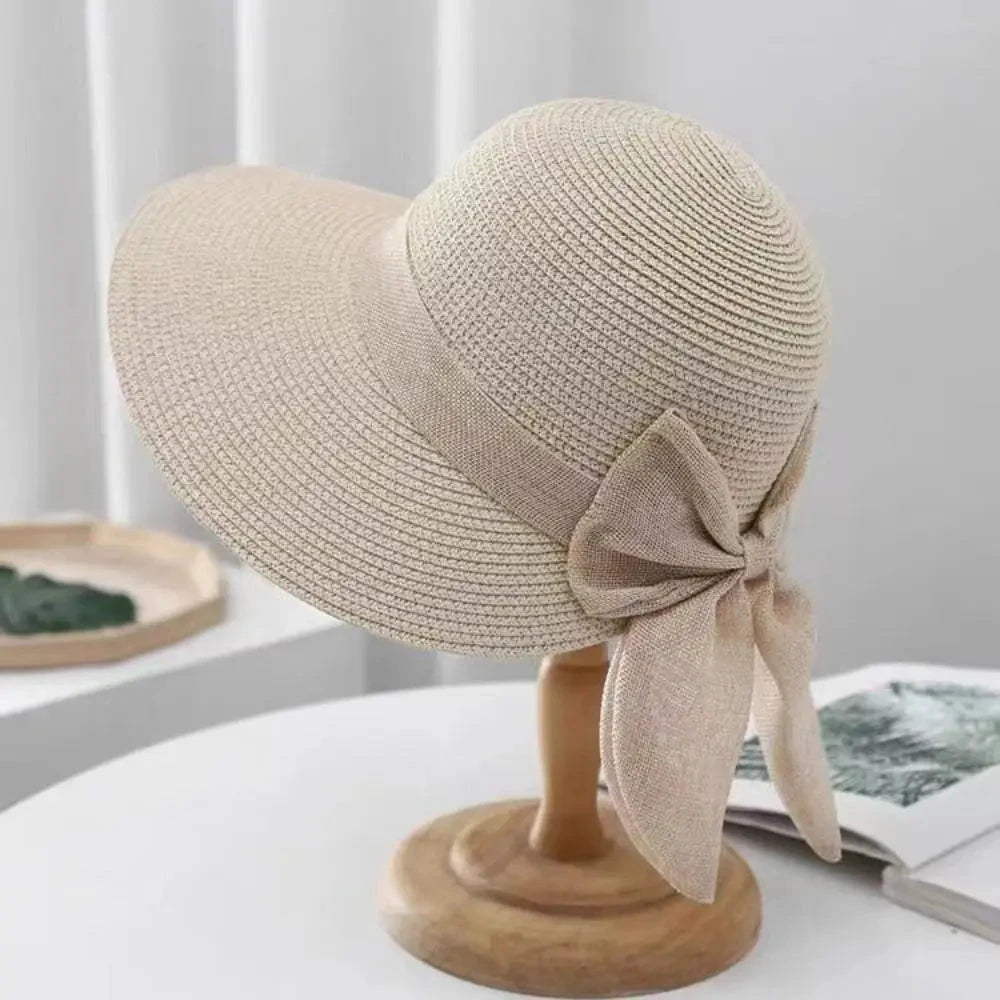 Summer Hats For Women Sun Hat Beach Cap Ladies Bowknot Panama Cap Lady Casual Bucket Hat For Women Straw Hat Good Vibrations