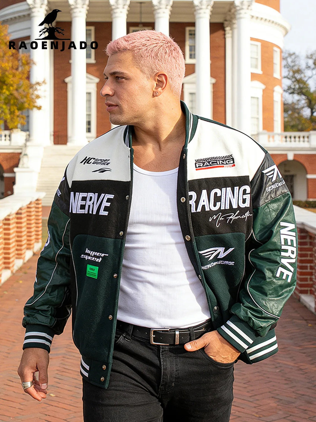 Men's Motorcycle Jacket Faux Leather Sleeves Bomber Coat Plus-size Varsity Jacket Letterman Spring/Autumn Loose Baseball Clothes Good Vibrations