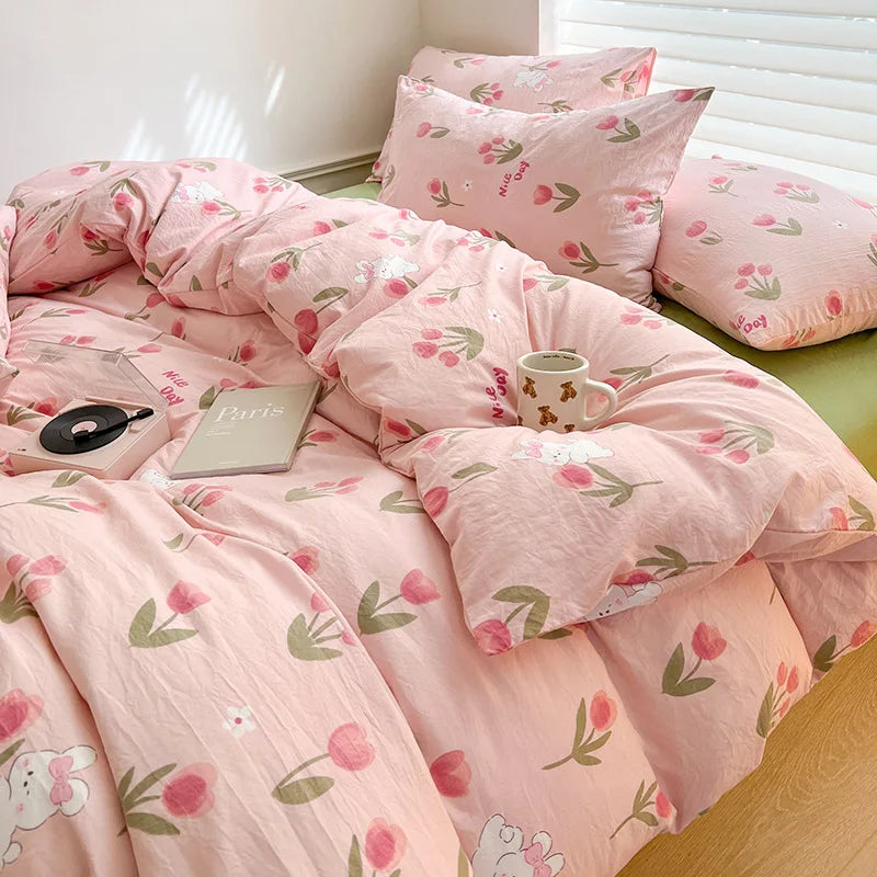 Ins Simple Flower Bed LinenTwin Full Queen King Size Bed Sheets Set  Adults Kids Floral Bed Comforter Sets Bed Duvets Kawaii Good Vibrations