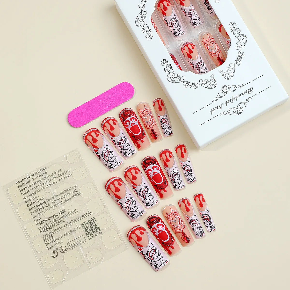 Scary Blood Skull Fake Nails Long Coffin Ballet Halloween Style False Nails 24pcs Wearable Press on Nail tips for Halloween Gift Good Vibrations