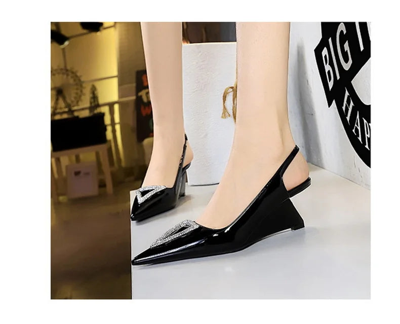 Wedges Women Shoes High Heel Shallow Pointed Toe Hollow Back Straps Patent Leather Triangle Metal Crystal Buckle Pumps Good Vibrations