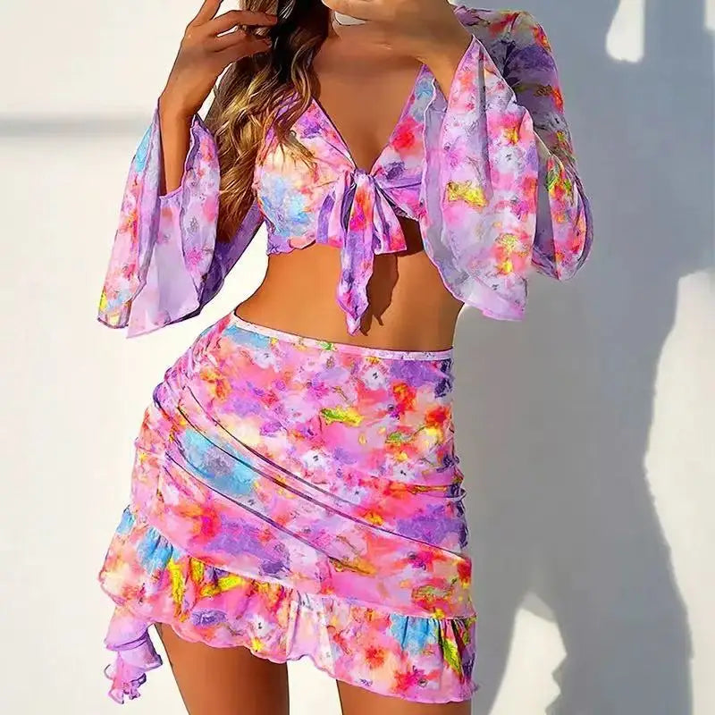 2026 New 4 Piece Bikini Set Women  Floral Print Long Sleeve Mesh Cover Up Ruffle Skirt Swimsuit  Sexy Bathing Suit Swimwear Good Vibrations