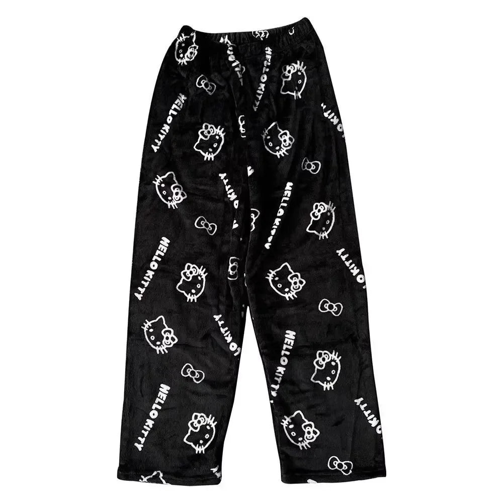 Sanrio Cartoon Hello Kitty Flannel Pajamas Black Women's Warm Woolen Cartoon Casual Home Pants In Autumn Winter Fashion Trousers Good Vibrations