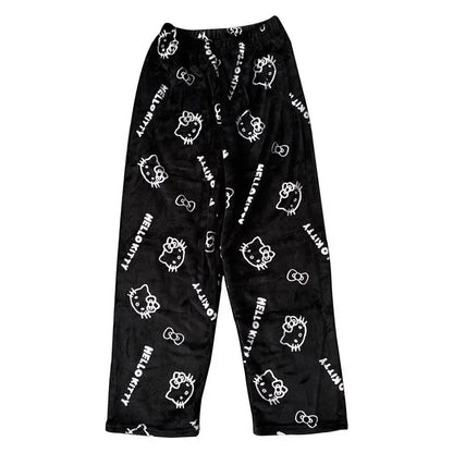 Sanrio Cartoon Hello Kitty Flannel Pajamas Black Women's Warm Woolen Cartoon Casual Home Pants In Autumn Winter Fashion Trousers Good Vibrations