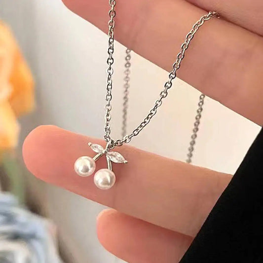Huitan Chic Small Cherry Pendant Necklace for Women Simulated Pearl Accessories for Engagement Ceremony Zirconia Jewelry Gifts Good Vibrations