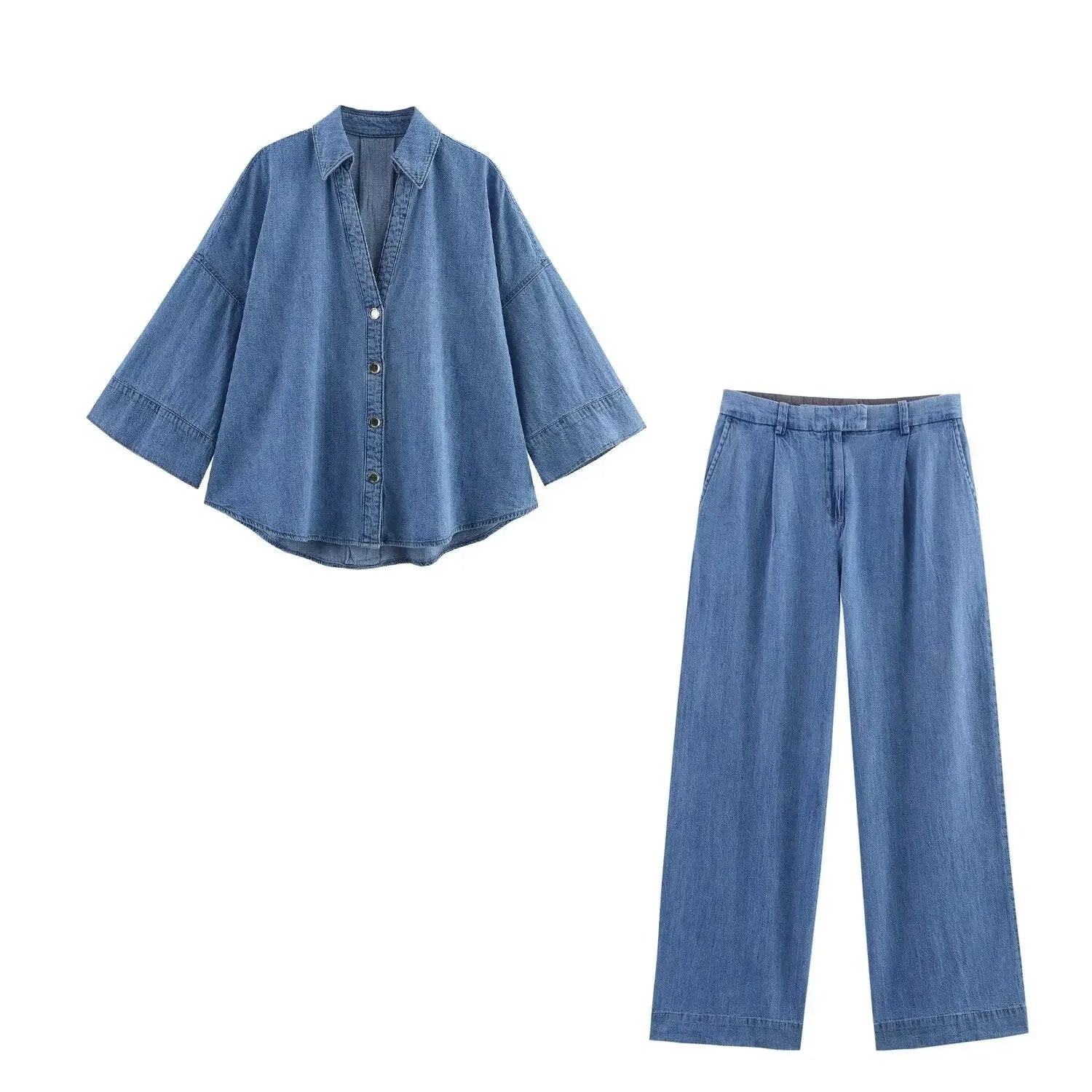 Denim Pants Outfit For Women 2 Pieces Spring Autumn Fashion Wide Sleeved Casual Shirt Women Suit Casual Two Piece Set Women Good Vibrations