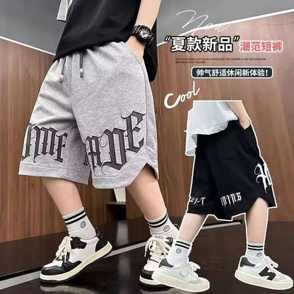 Loose Style Children Summer Shorts for Boy New Letter Print Short Pants Outdoor Casual Sports Shorts Korean Children's Clothing Good Vibrations