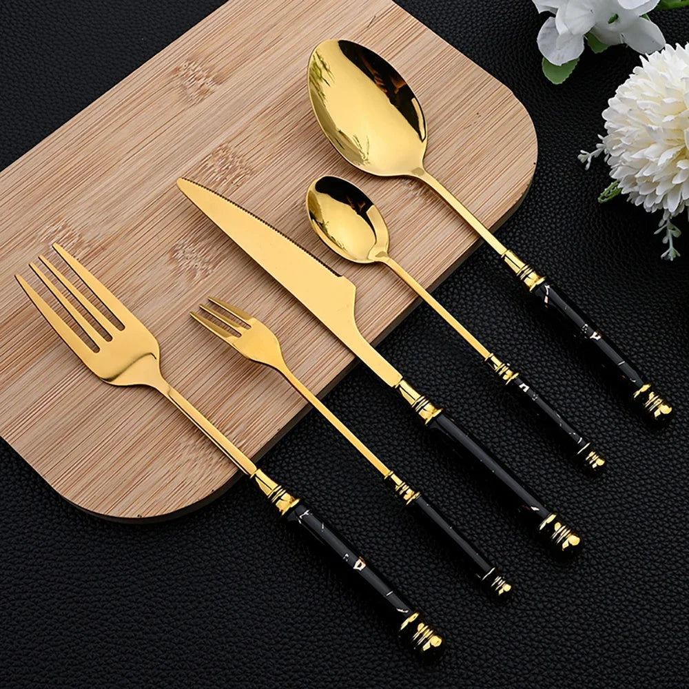 24Pcs Cutlery Set Stainless Steel Dinnerware Kitchen Fork Knife Tea Spoon Tableware Set Flatware Set Gold Silverware Set Good Vibrations