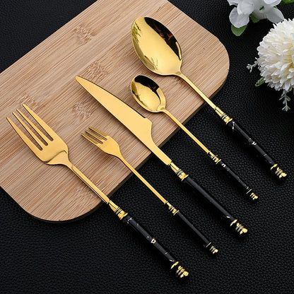 24Pcs Cutlery Set Stainless Steel Dinnerware Kitchen Fork Knife Tea Spoon Tableware Set Flatware Set Gold Silverware Set Good Vibrations