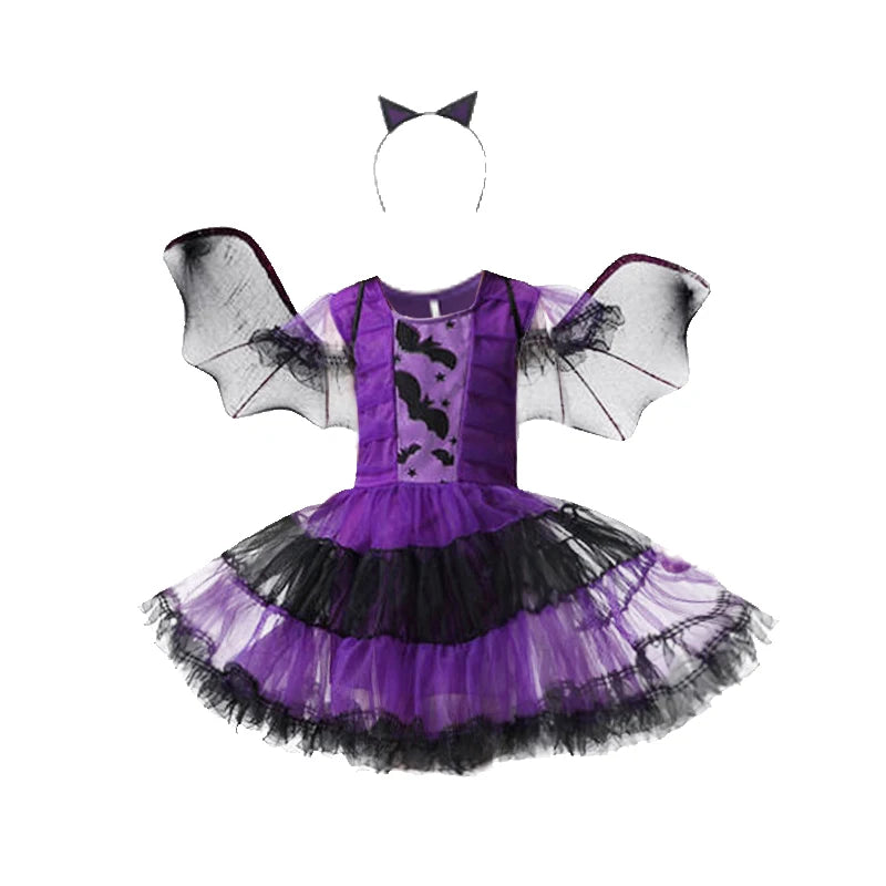 Halloween Costume for Girls Witch Vampire Carnival Party Dress Up Trappings Kids Cosplay Clothes Purple Bat Suit Holiday Gifts Good Vibrations