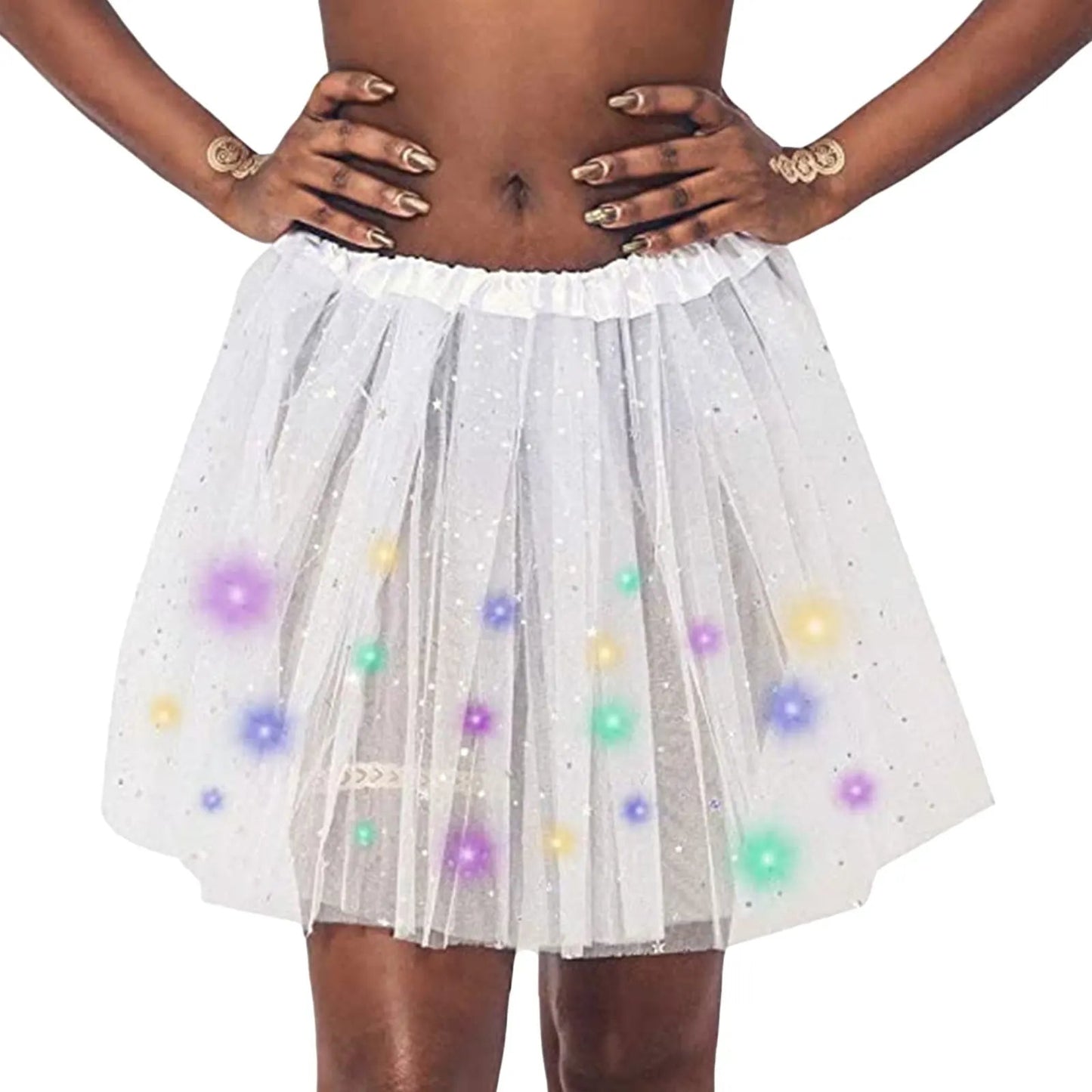 Halloween Cosplay Women Star Sequins Mesh Pleated Tulle Princess Skirt With LED Skirt Party Dancing Miniskirt Costume Clothing Good Vibrations