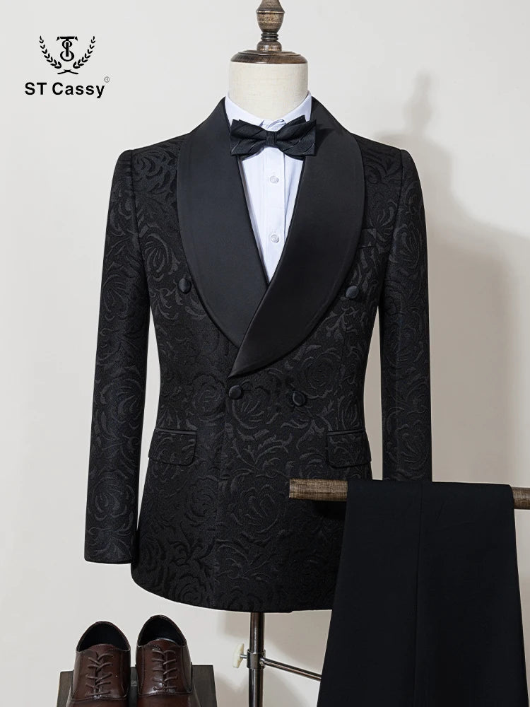 black luxury 2-piece set men suit party shawl collar double breasted business casual suit groom's wedding dress Jacquard pattern Good Vibrations