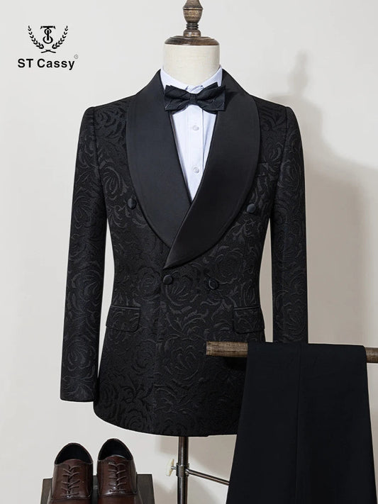 black luxury 2-piece set men suit party shawl collar double breasted business casual suit groom's wedding dress Jacquard pattern Good Vibrations