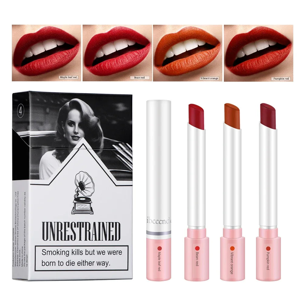 4 pcs/set Cigarette Lipstick Set Long Lasting Lip Glaze Matte Lip Gloss Waterproof Lip Stick Tube Nude Lip Tint Makeup Cosmetics Good Vibrations