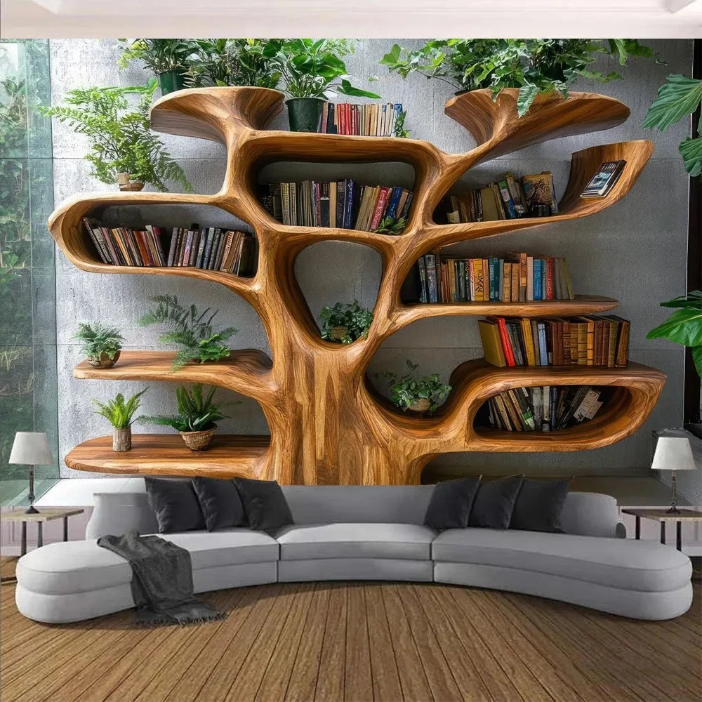 Tree Bookshelf Tapestry Multiple Sizes 2D Print Nordic Tree Plants Reading Theme Polyester Living Study Reading Nook Calm Good Vibrations