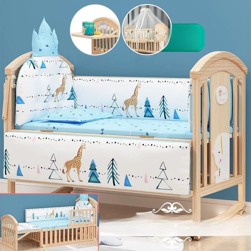 Comfortable Baby Bed,Solid Wood,Movable,with Diaper Changing Table and Mosquito Net,Multifunctional Baby Bed, Adjustable Height Good Vibrations