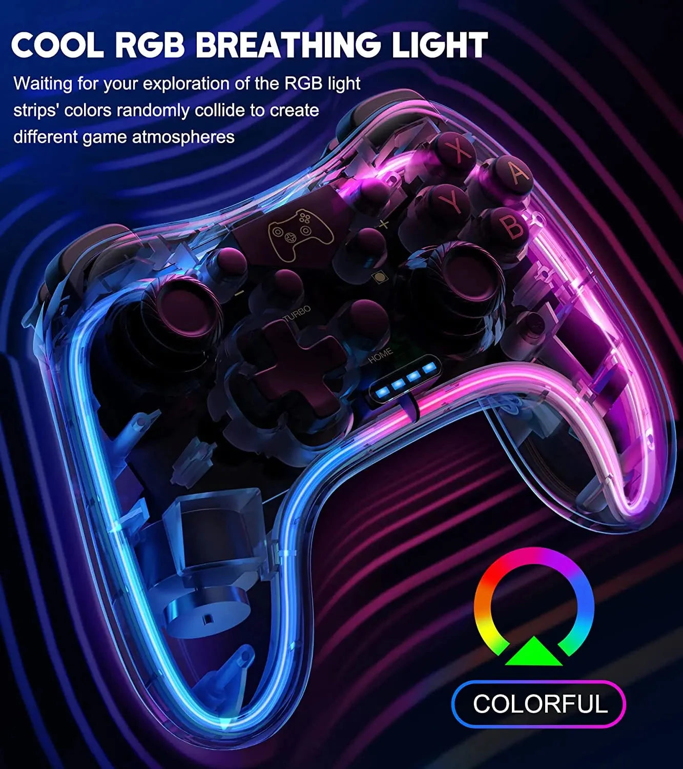Controller 7039 for Switch With RGB Lights,Turbo,Wake-up Function,Supports Multi-Platform&App Control,Transparent GamePad Good Vibrations