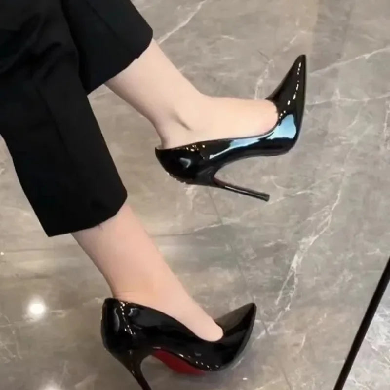 High Heels Women's Slim Heels New Stunning and Sexy Wedding Shoes Black Patent Pointed Single Shoes High Heels Туфли Женские Good Vibrations