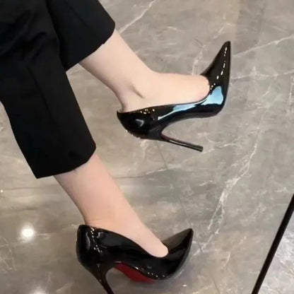 High Heels Women's Slim Heels New Stunning and Sexy Wedding Shoes Black Patent Pointed Single Shoes High Heels Туфли Женские Good Vibrations