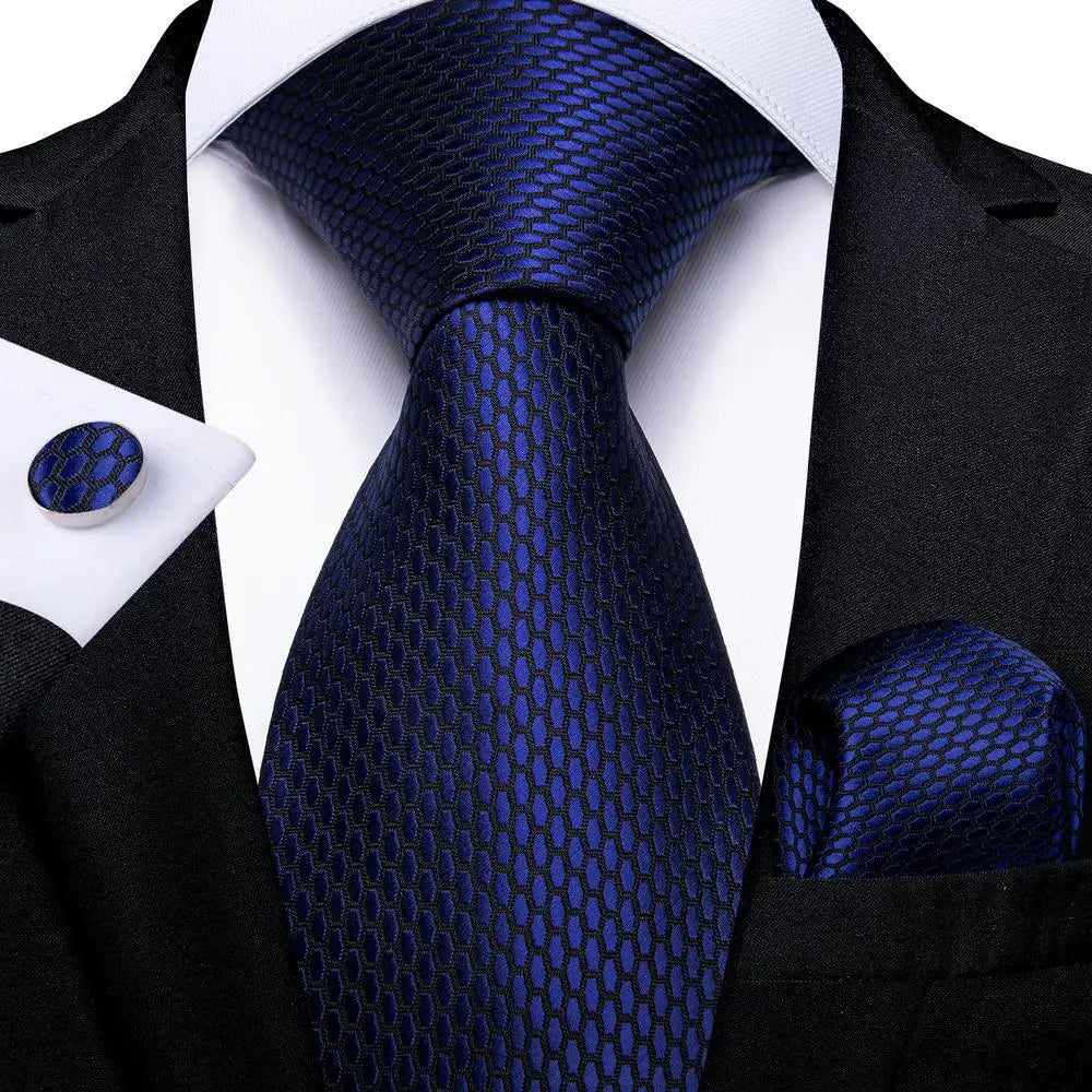 Hi-Tie Navy Blue Solid Paisley Silk Wedding Tie For Men Hanky Cufflink Mens Necktie Set Business Party New Design Dropshipping Good Vibrations