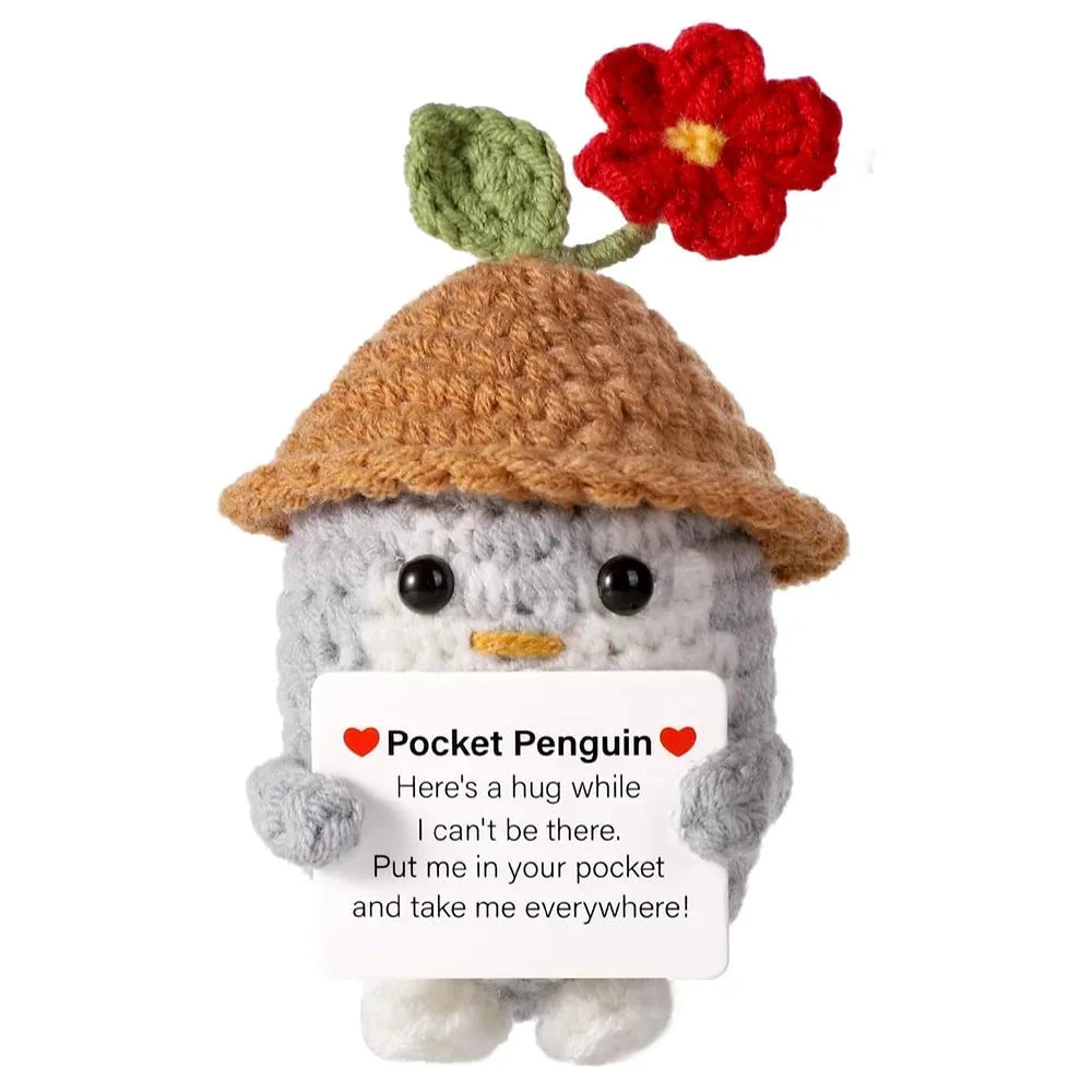 Funny Positive Energy Penguin Hug Pocket Doll Mini Handmade Plush Knitted Penguin Ornament Home Room Decoration Christams Gift Good Vibrations