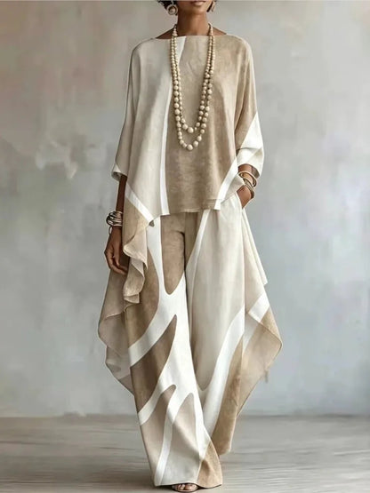 Women 2 Piece Outfit Set Print Top & Wide Leg Pants Loose Casual Ladies Boho Matching Suit Autumn Fashion Elegant Sets New Good Vibrations