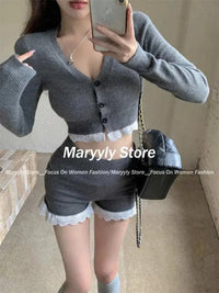 2024 Autumn Casual Slim Knitted Sport Suits Women Hot Girl Lace V Neck Cardigan + Sexy High Waist Shorts Solid 2 Piece Set New GOOD Vibrations