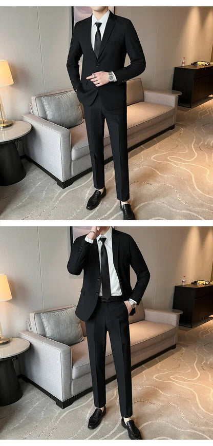 Suits for Men Korean Fashion Long Sleeve Slim Fit Wedding Business Blazer Black Professional Formal Suit Pants Sets Ropa Hombre Good Vibrations