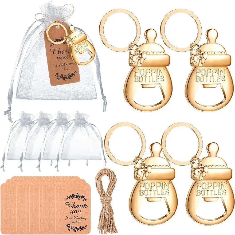 10 set baby shower gift set, bottle shaped opener with hard gauze bag commemorative keychain, thank you label themed party gift Good Vibrations