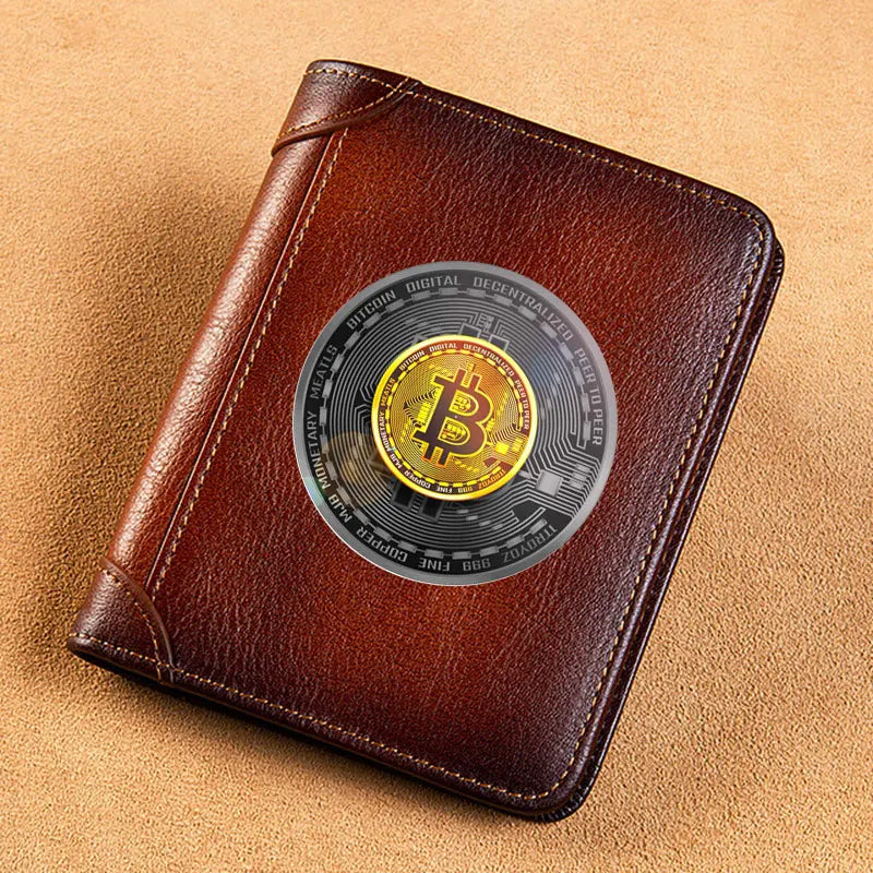 High Quality Genuine Leather Men Wallets Golden Bitcoin Sign Printing Short Card Holder Purse Billfold Men's Wallet BK1003 Good Vibrations
