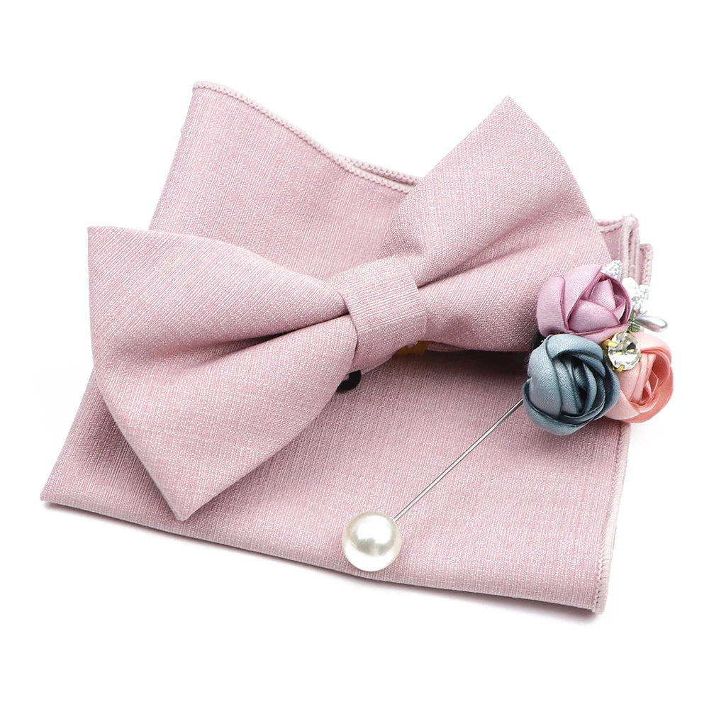 Mens Wedding Bowtie Brooch Set Romantic Solid Color Bamboo Fiber Bowknot Flower Lapel Pin Blue Pink Cravat Suit Shirt Accessory Good Vibrations