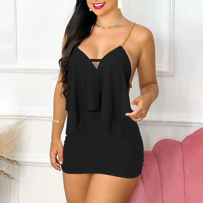 Womens Dresses Summer Fashion Floral Print Asymmetrical Chain Strap Sexy Backless V-Neck Sleeveless Bodycon Mini Dress Sets 2025 Good Vibrations