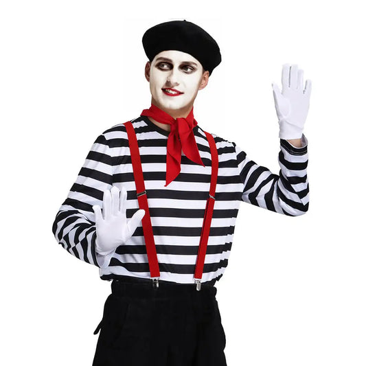 Men's French Mime Artist Costume Tops Cosplay Clown Halloween Party Outfits Fancy Dress Good Vibrations