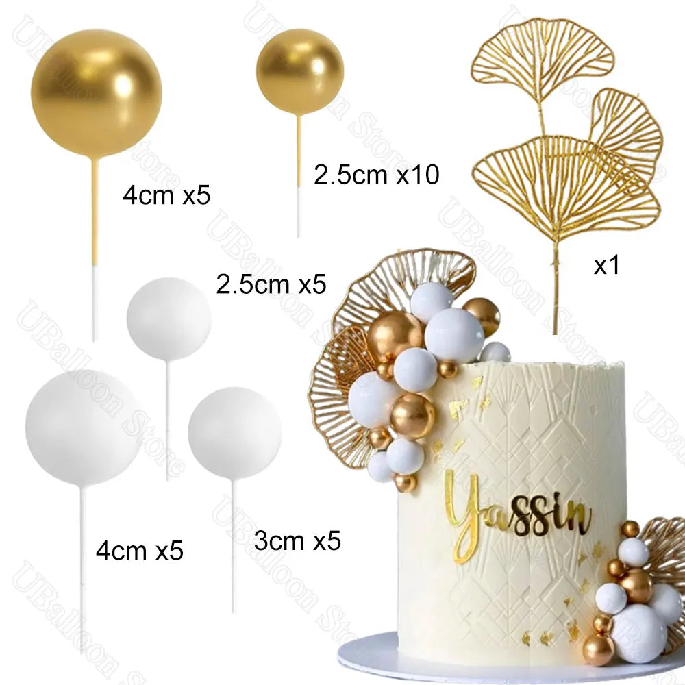 31Pcs White Gold Balls Cake Toppers Golden Ginkgo Leaves Metal Gold Balls Cake Toppers for Wedding Birthday Cake Decorations Good Vibrations