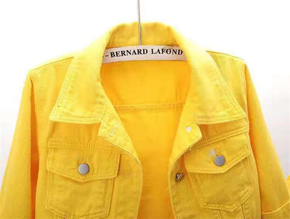 2024 New Women Spring Autumn Denim Jacket Tops Pink Color Solid Short Multicolor Feminino Three Quarter Sleeve Jean Jacket Good Vibrations