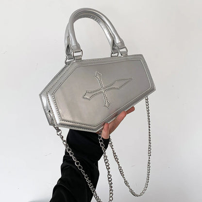 Women Crossbody Bag Large Capacity Coffin Shape Phone Shoulder Bag Halloween PU Top Handle Bag for Travel Make Up Cosmetic Bag Good Vibrations