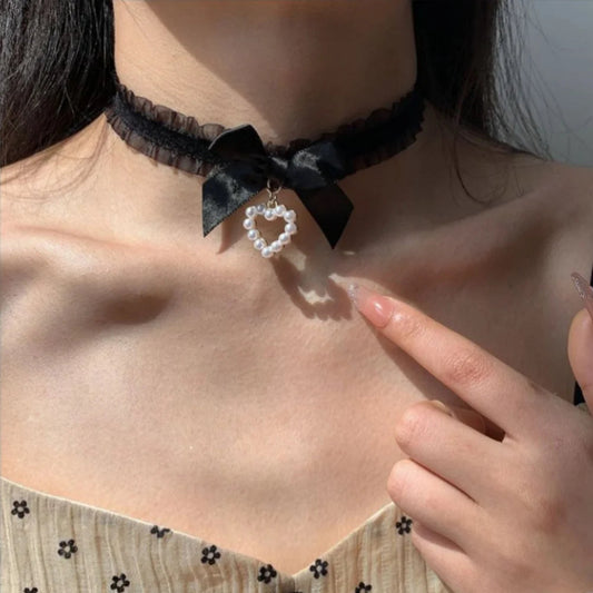 Women's Cute Collar Lolitas Handmade Vintage Lace Heart Choker For Women Gothic Bow Knot Necklace Girls Uniform Accessories Good Vibrations