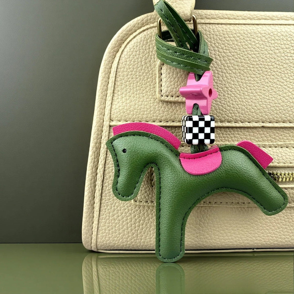 Chic PU Leather Pony Bag Charm, Lucky Clover & Checkered Bead Pendant, Y2K Boho Purse Accessory, Gift for Her Good Vibrations
