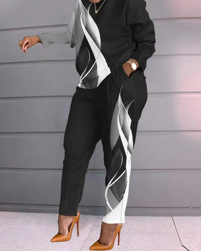 2 Piece Sets Woman Outfit,Women's Print Two Piece Set, O-neck Casual Long Sleeve T-shirt, Top And Pants, 2-piece, Spring, 2024, Good Vibrations