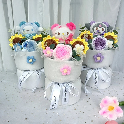 Hug bucket Hello Kitty Kuromi Cinnamoroll Plush bouquet  Handmade Knitting Sunflower Rose Flower Valentine's Day Birthday Gift Good Vibrations