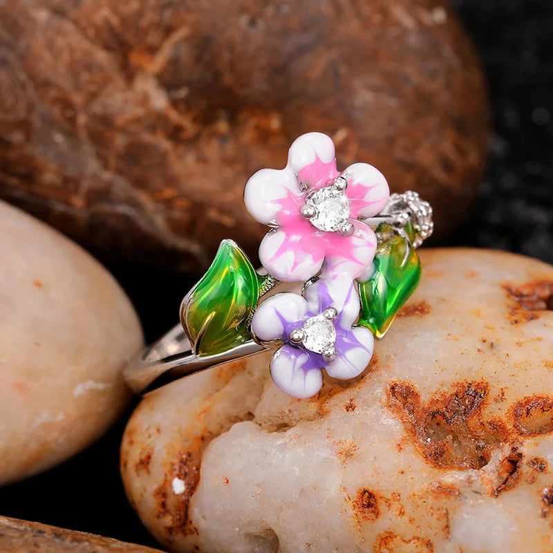 2026 Aesthetic Enamel Flower Finger Ring for Women Wedding Party New 2026  Silver Color Luxury Cubic Zirconia Jewelry Gift Good Vibrations