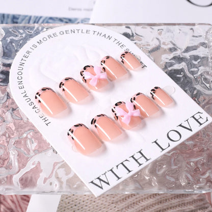 24Pcs Pink Leopard Print French Tips False Nails Short Square Head 3D Black Bowknot Fake Nails Acrylic Full Cover Press on Nails Good Vibrations