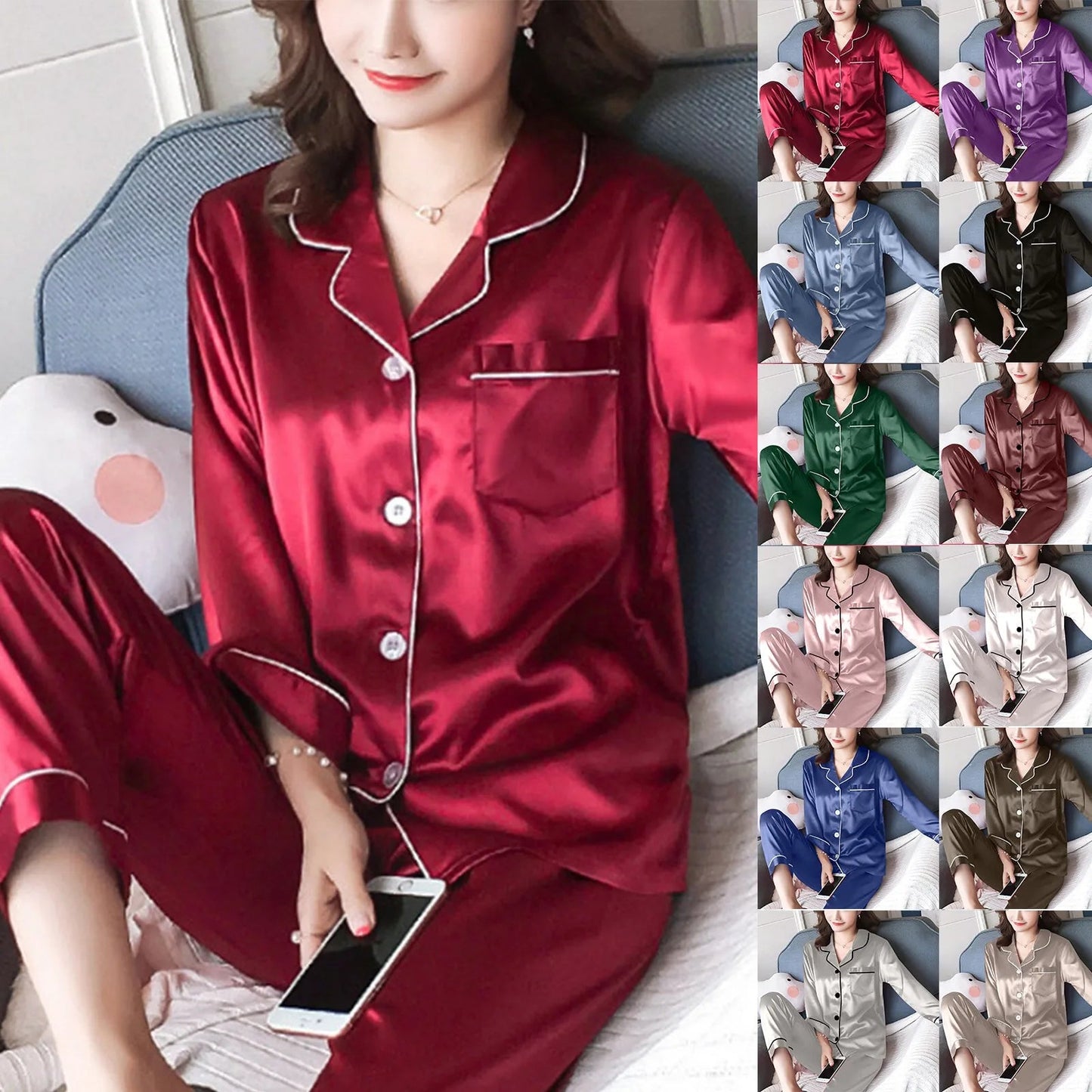 Women Pijama Sets Women Pajamas Sets Sexy Silk Polyester Female Pyjamas Home Clothing Sleepwear Long-sleeve Cardigan Set Good Vibrations
