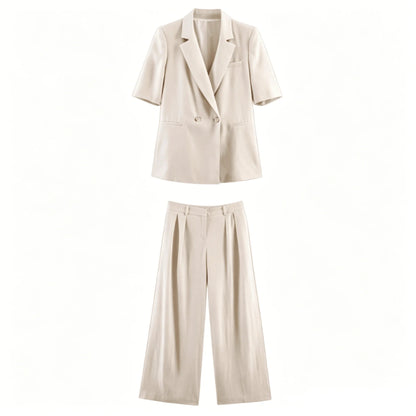 Women's Two Piece Suit Summer 2026 Double Breasted Short Sleeve Blazer High Waist Wide Leg Trousers Female Commute Office Set Good Vibrations
