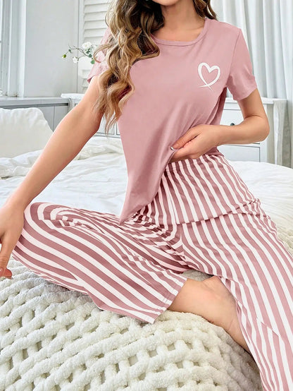 Women's pajamas new style love short sleeve striped pants two-piece elegant casual home outfit Good Vibrations