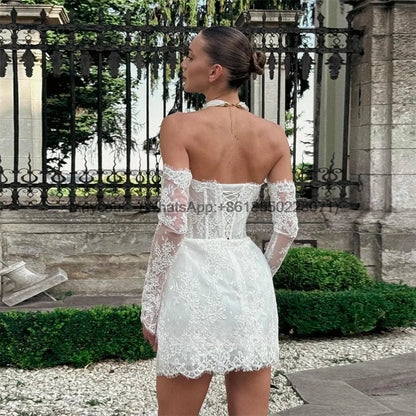 Glamorous A Line Wedding Dress Lace Strapless Removeable Sleeves Celebrate Bridal Gown Short vestidos de novia Customized Good Vibrations