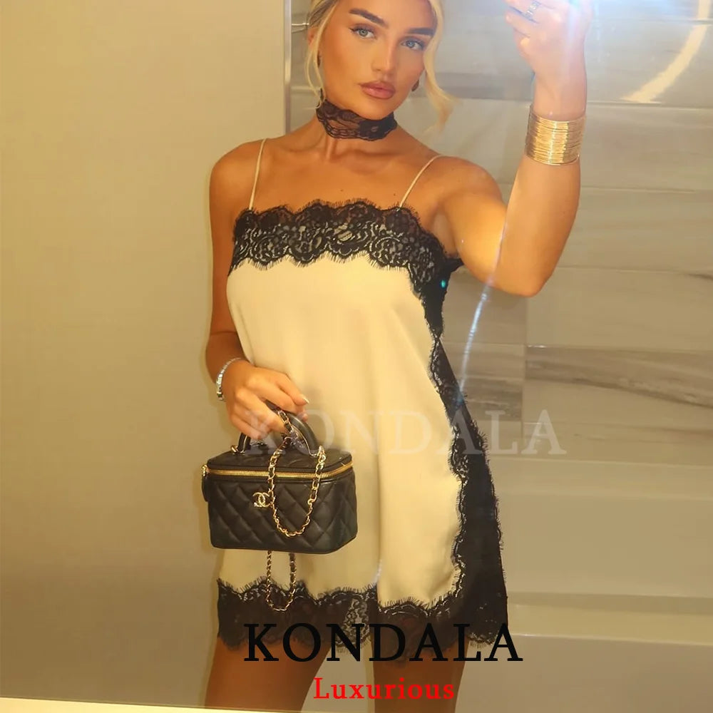 KONDALA Sexy Chic Satin Lace Square Collar Tops Women Side Split Cami Party Tops Fashion 2025 Evening Club Christmas Girl Tops Good Vibrations