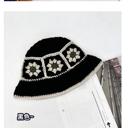 2024 Spring New Crochet Hat Korean Handmade Bucket Hat Women's Weaving Knitted Hat Y2k Fashion Flowers Autumn Winter Ins Beanies Good Vibrations