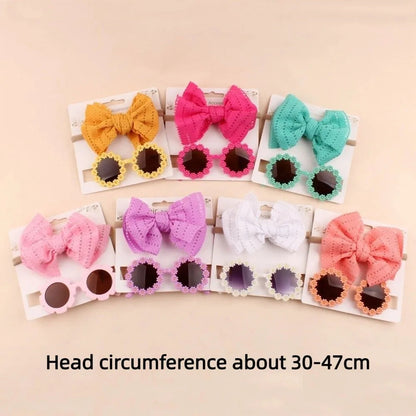 2pcs/set Soft Elastic Children Bowknot Headband Cotton Solid Color Baby Bows Turban Wide Kids Sunglasses Set Girls Headdress Good Vibrations